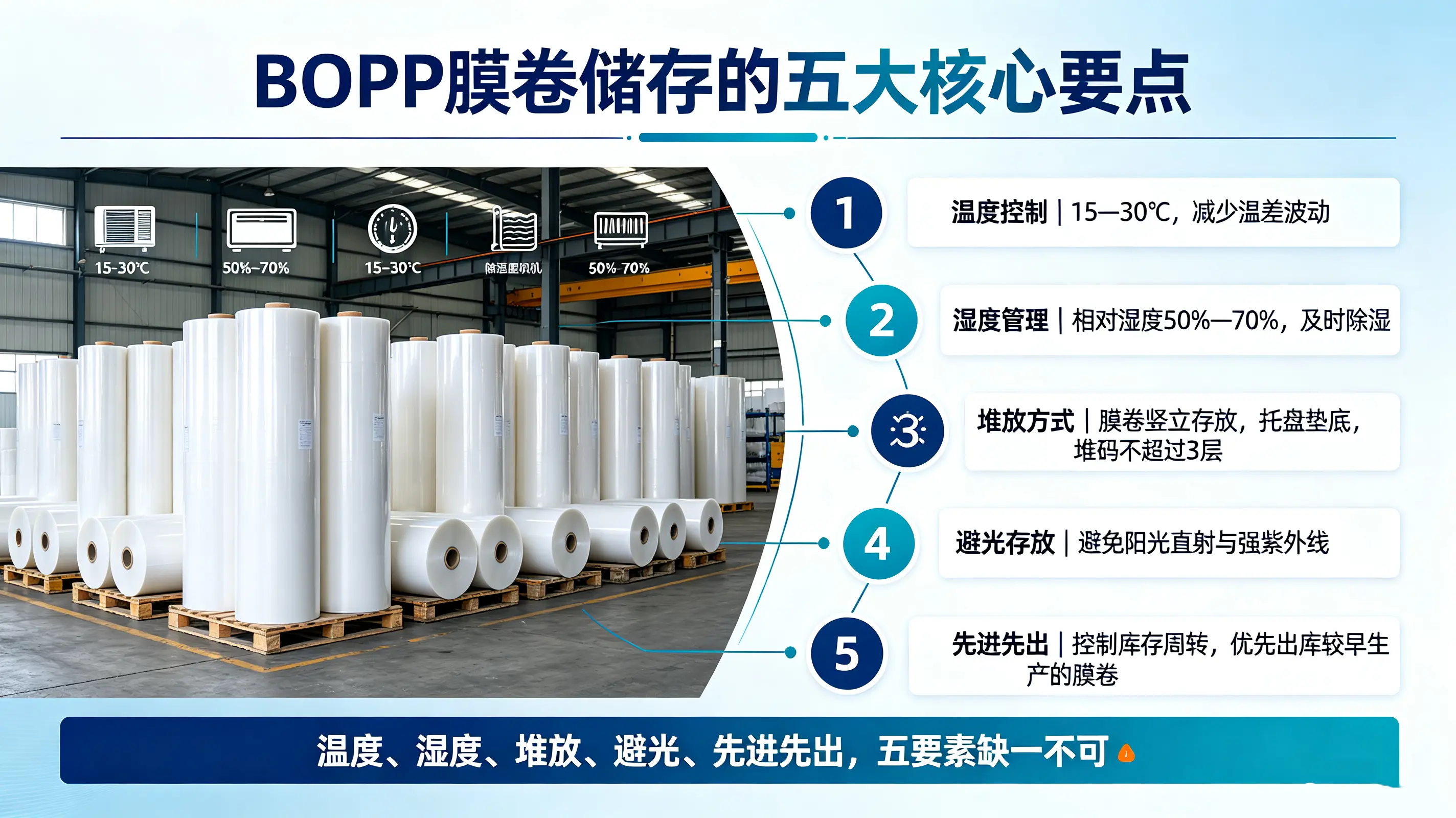 BOPP薄膜仓储 BOPP膜卷存放 BOPP膜卷粘连解决方案 bopp-film-storage-guide